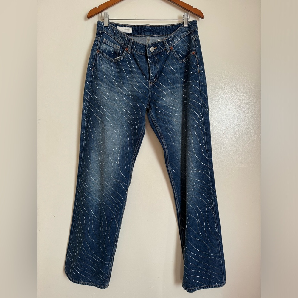 Zara Dark Blue Straight-Leg Jeans with Crystal Embellishments